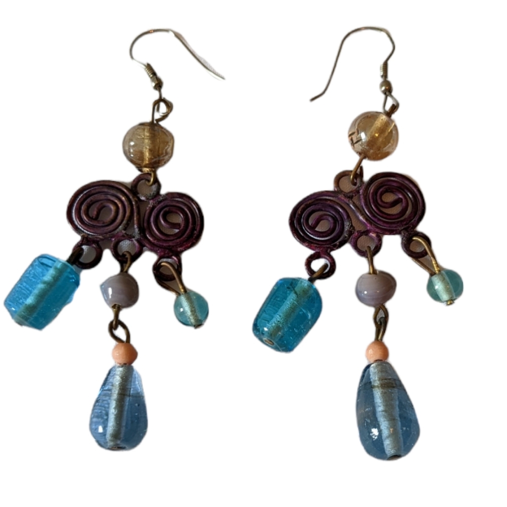 Vintage 90s handmade witchy mixed media goddess spiral glass bead earrings